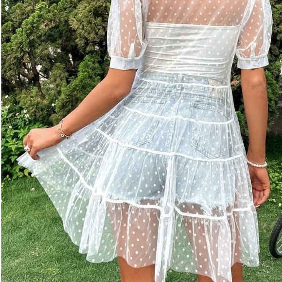 White Boho Womens Polka Dot Puff Sleeve Ruffle Hem Sheer Mesh Dress - Picture 2 of 4